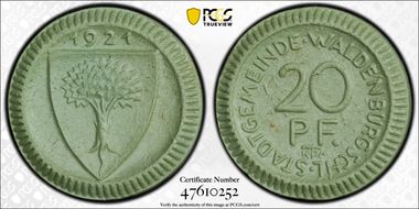 1921 20 Pfg Scheuch-552f Waldenburg Light Green Porcelain MS64