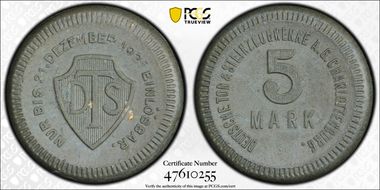 1921 5 Mk Scheuch-514f Charlottenburg Dark Green Porcelain MS63