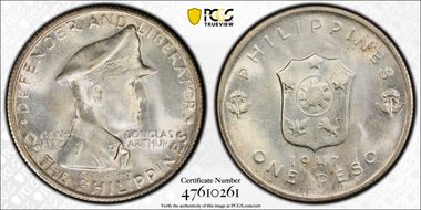 1947-S Peso Douglas MacArthur KM-185  Ag MS66