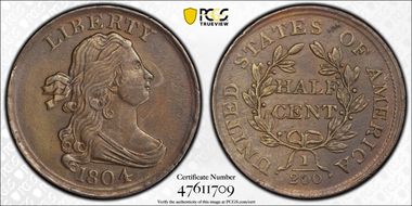 1804 1/2C Plain 4, No Stems AU50BN