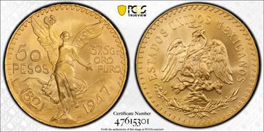 "1947" 50 Peso New Die Restrike KM-481  Au MS69