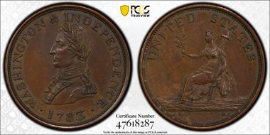 1783 Copper Washington & Independence Small Bust, Plain Edge MS61BN
