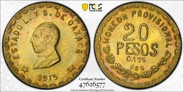 1915 20 Peso KM-754 Au AU58