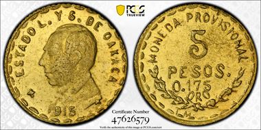 1915 5 Peso KM-750 GB-372 Au MS61