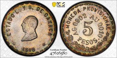 1915 5 Peso KM-751 GB-368 Ag MS65