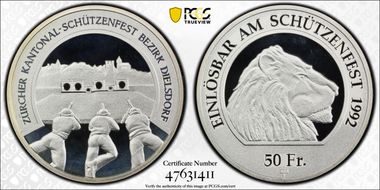 1992 HF 50 Fr Zurich Haberling-43a Lettered Edge PR69DCAM