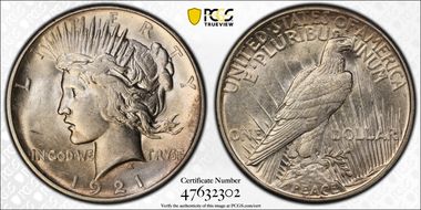 1921 $1 High Relief, Peace AU55
