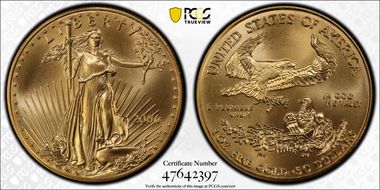 2006-W $50 Burnished Gold Eagle 20th Anniversary SP70