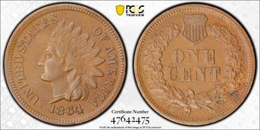 1864 1C L on Ribbon AU55BN