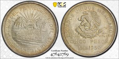 1950-Mo 5 Peso Southeastern Railroad KM-466  Ag MS64