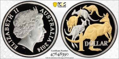 2014 $1 Mob of Roos CuNi Partial Gilt PR70DCAM