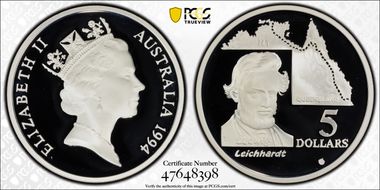 1994 $5 Ludwig Leichhardt Australian Explorers PR69DCAM