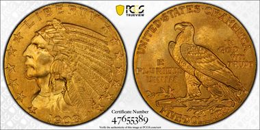 1908 $5 Indian MS62
