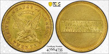 1853 "900" $20 U.S. Assay Office N1