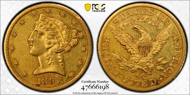 1891-CC $5 AU58