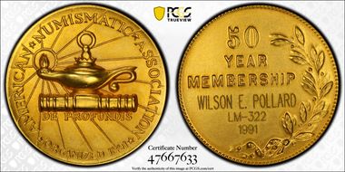 No Date AV Medal A.N.A. 50 Year Membership 24mm Medallic Art Co. 10K SP66