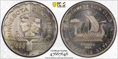 1958 AR Medal Northwest Coin Club Minnesota Centennial MS64