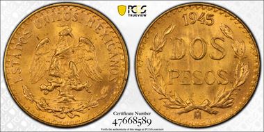 1945-Mo 2 Peso KM-461  Au MS65