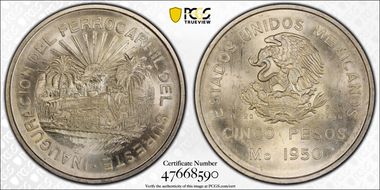 1950-Mo 5 Peso Southeastern Railroad KM-466  Ag MS65