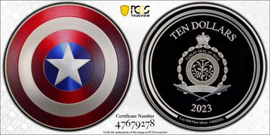 2023 $10 Captain America's Shield  5oz Ag PR69DCAM