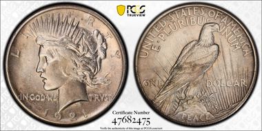 1921 $1 High Relief, Peace AU58