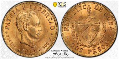 1916 2 Peso KM-17  Au MS65