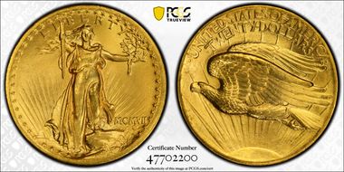 1907 $20 High Relief, Flat Edge MS64