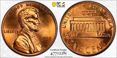 1982 1C Zinc, Small Date MS69RD