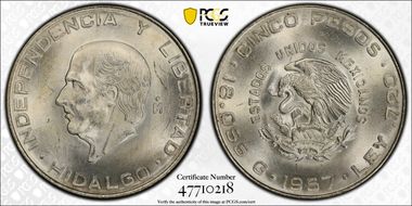 1957-Mo 5 Peso Hidalgo KM-469  Ag MS65