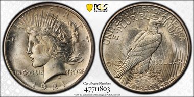 1921 $1 High Relief, Peace MS64