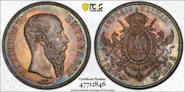 1866-Mo Peso Maximilian KM-388.1  Ag MS66