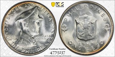 1947-S Peso Douglas MacArthur KM-185  Ag MS65