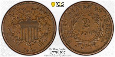 1864 2C Small Motto AU53BN