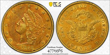 1853 $20 Moffat & Co. AU53