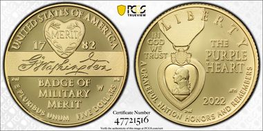2022-W $5 National Purple Heart Hall of Honor PR70DCAM