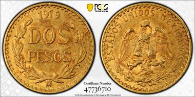 1919-Mo 2 Peso KM-461  Au AU58