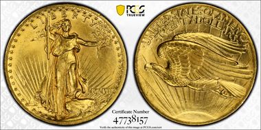 1907 $20 High Relief, Flat Edge MS64