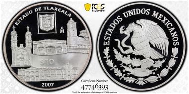 2007-Mo 10 Peso Tlaxcala KM-844  Ag PR70DCAM