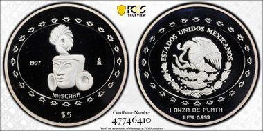 1997-Mo 5 Peso Mascara KM-620  Ag PR69DCAM
