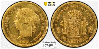 1868 2 Peso 8/inverted 6 AU58