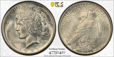 1921 $1 High Relief, Peace MS64