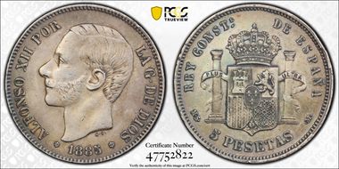 1885-MS M 5 Pta (1886) XF45