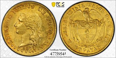 1872 20 Peso Restrepo-339.8 Popayan MS62