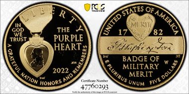2022-W $5 National Purple Heart Hall of Honor PR69DCAM