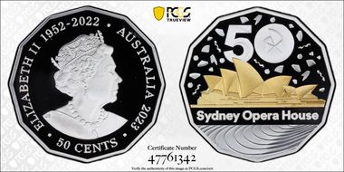 2023 50C Sydney Opera House 50th Ann. Ag Partial Gilt PR69DCAM