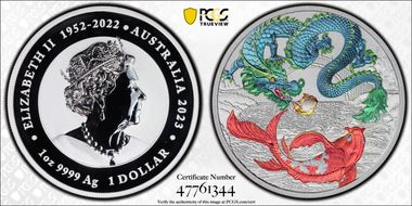 2023-P $1 Green Dragon and Koi Fish Ag MS70