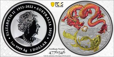 2023-P $1 Red Dragon and Koi Fish Ag MS70