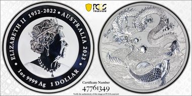 2023-P $1 Dragon and Koi Fish Ag MS70
