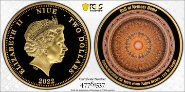 2022 $2 Hall of Memory Dome Gilt-CuNi PR70DCAM