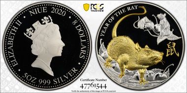 2020 $8 Year of the Rat 5oz Ag Selective Gilt PR69DCAM